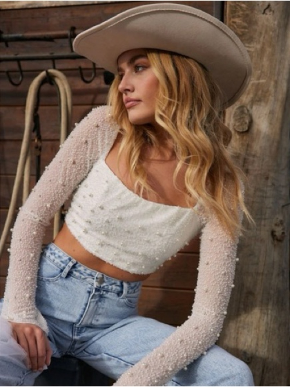 12th Tribe Pearl-Embellished Long Sleeve Top